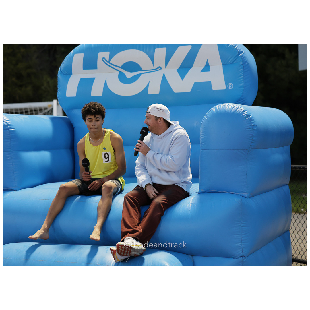 Winning runner Byron Grevious discusses his race. Bay State Running Elite Scholastic Mile 2024 sponsored by Marathon Sports and Hoka – Bay…