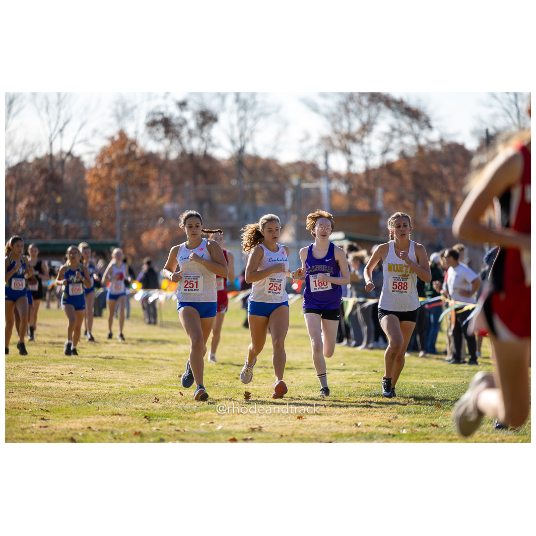 Addison Buchanan, Cumberland, Delaney Kennedy, Cumberland, Kelsey Corrigan, Classical, Devan Kolbe, North Kingstown at 2024 RIIL Cross Country Class Championships at Ponaganset High School, North Scituate, Rhode Island on October 26, 2024 title=