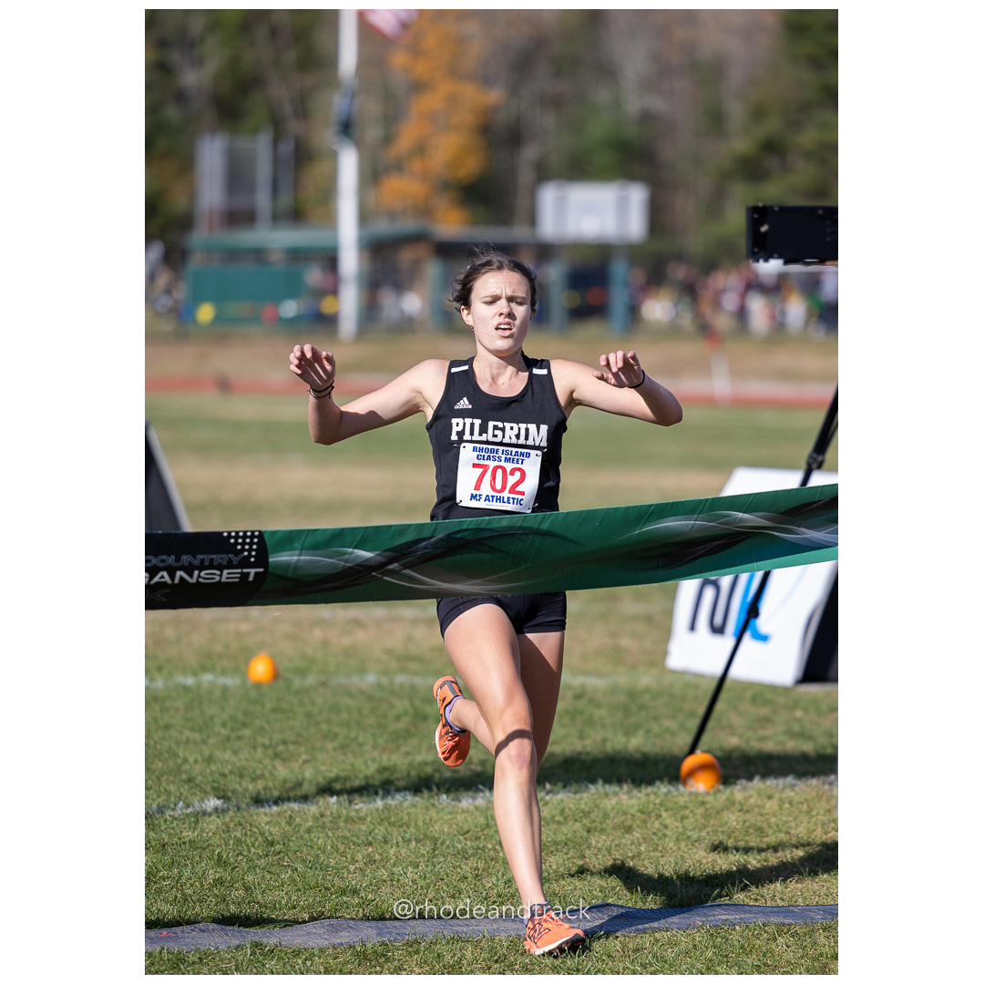 Keaney Bayha, Pilgrim, winner of Class A in 18:23.56 at 2024 RIIL Cross Country Class Championships at Ponaganset High School, North Scituate, Rhode Island on October 26, 2024 title=