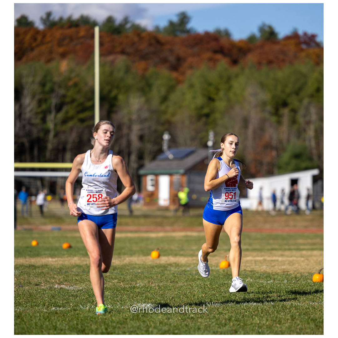 Gabby Stoothoff, Cumberland, Mea Ayotte, Toll Gate, at 2024 RIIL Cross Country Class Championships at Ponaganset High School, North Scituate, Rhode Island on October 26, 2024 title=