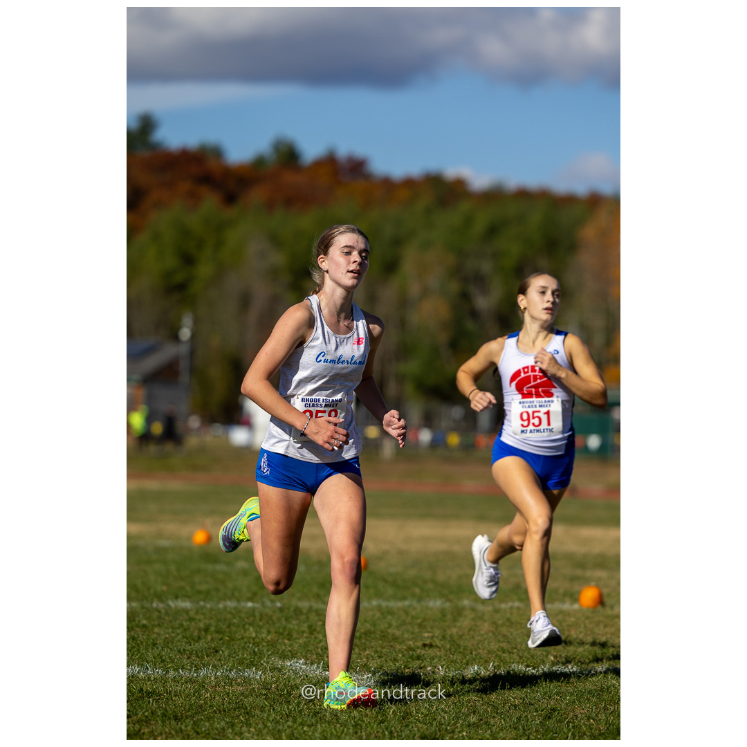 Gabby Stoothoff, Cumberland, Mea Ayotte, Toll Gate, at 2024 RIIL Cross Country Class Championships at Ponaganset High School, North Scituate, Rhode Island on October 26, 2024 title=