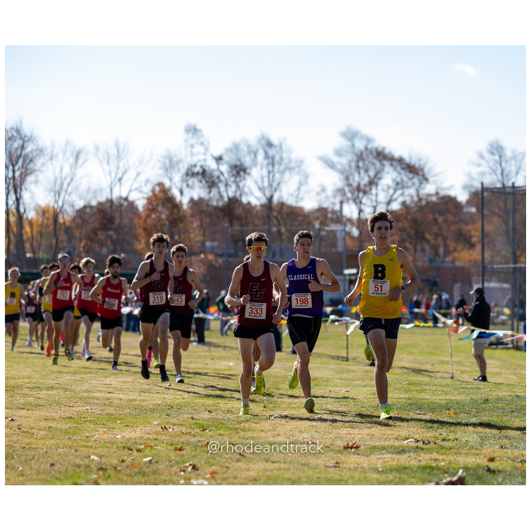 David Hayes, East Greenwich, Tal Liebmann, Classical, Myles Napolitano, Barrington, at 2024 RIIL Cross Country Class Championships at Ponaganset High School, North Scituate, Rhode Island on October 26, 2024 title=