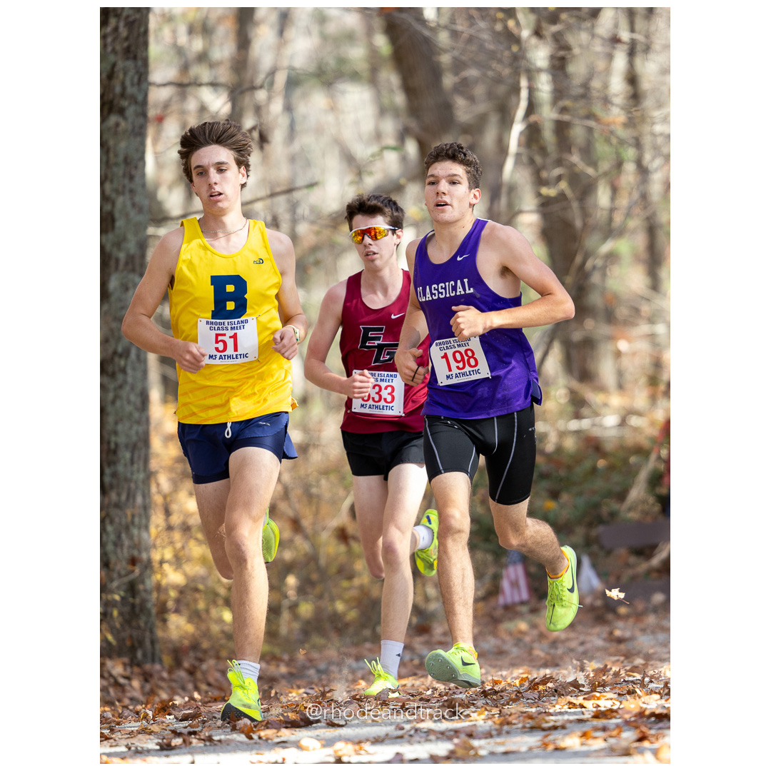 Myles Napolitano, Barrington, Tal Liebmann, Classical, David Hayes, East Greenwich, at 2024 RIIL Cross Country Class Championships at Ponaganset High School, North Scituate, Rhode Island on October 26, 2024 title=