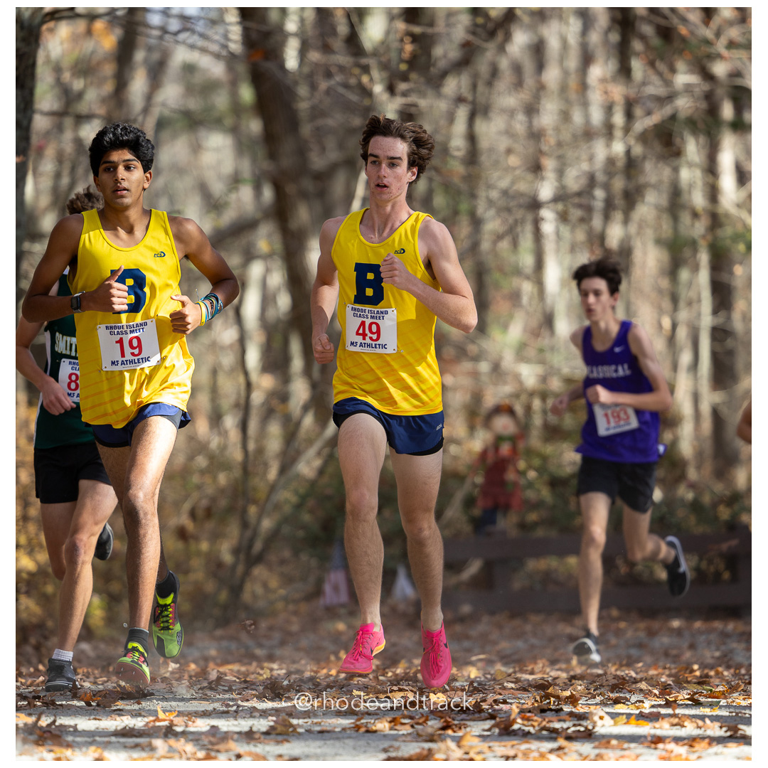 Neal Bansal, Barrington, Fritz Muehlbauer, Barrington, at 2024 RIIL Cross Country Class Championships at Ponaganset High School, North Scituate, Rhode Island on October 26, 2024 title=