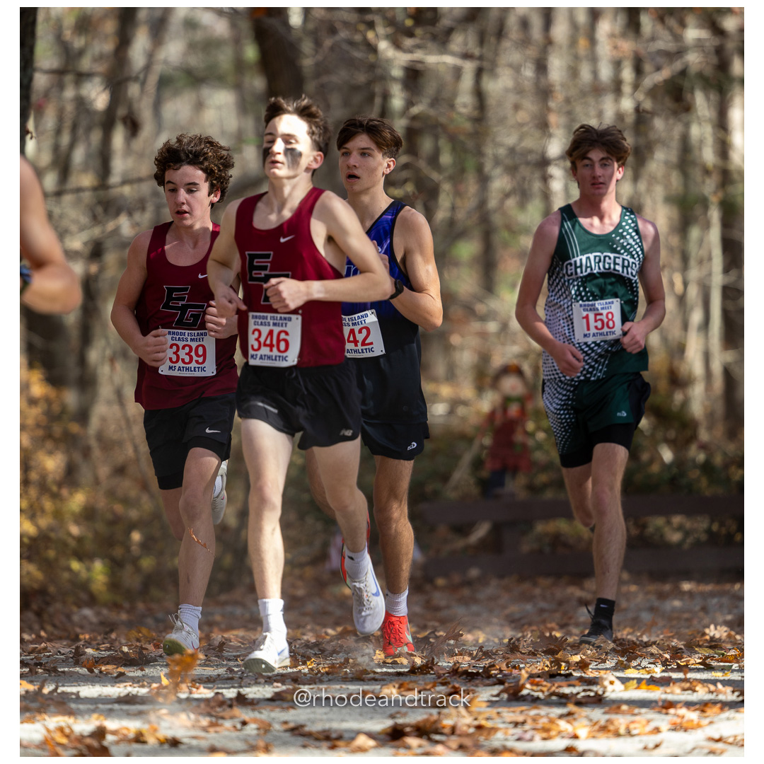 Jeremiah Moon, East Greenwich, Joshua Valentine, East Greenwich, Charles Allenson, Chariho, at 2024 RIIL Cross Country Class Championships at Ponaganset High School, North Scituate, Rhode Island on October 26, 2024 title=
