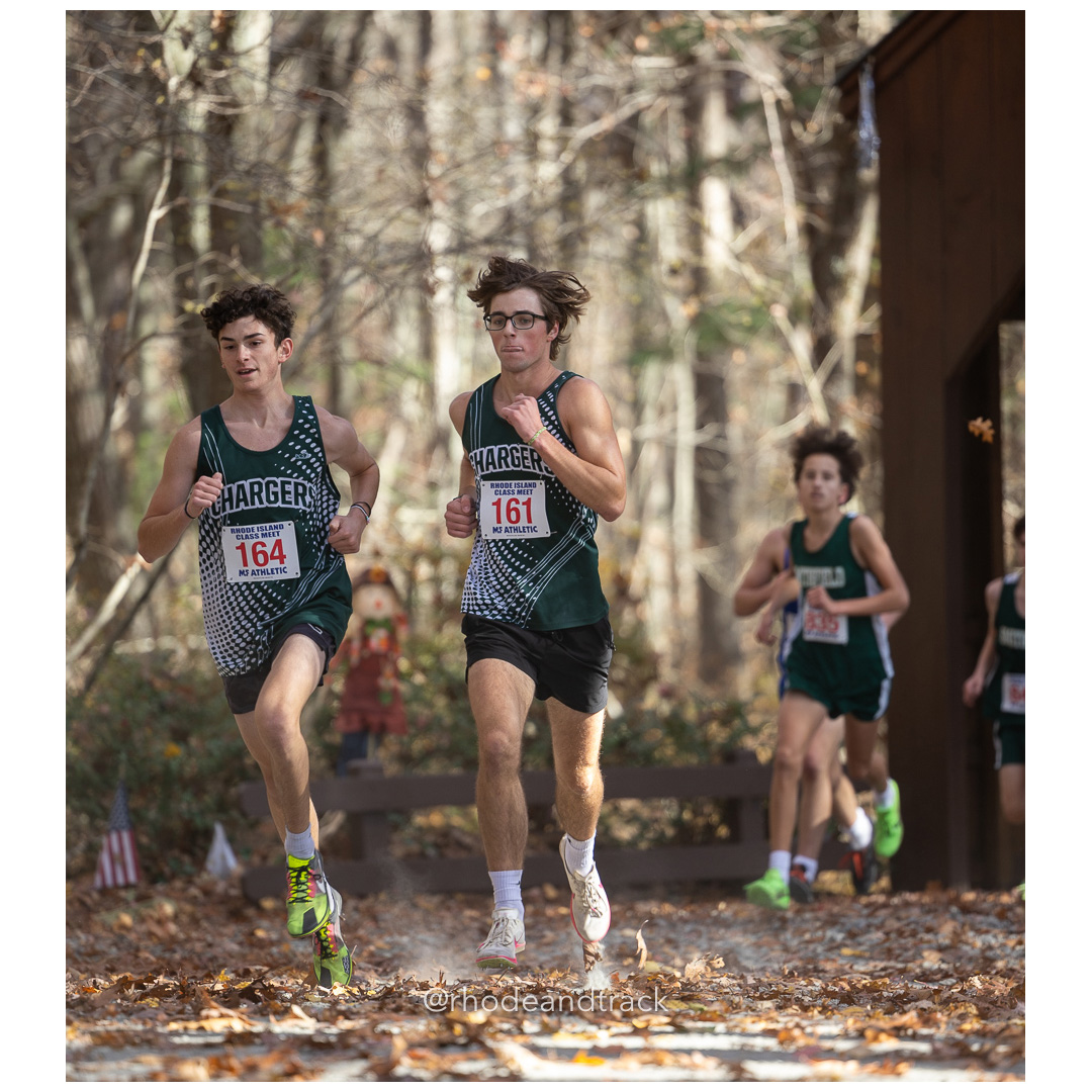 Isaac Graham, Chariho, Cameron Eidam, Chariho, at 2024 RIIL Cross Country Class Championships at Ponaganset High School, North Scituate, Rhode Island on October 26, 2024 title=