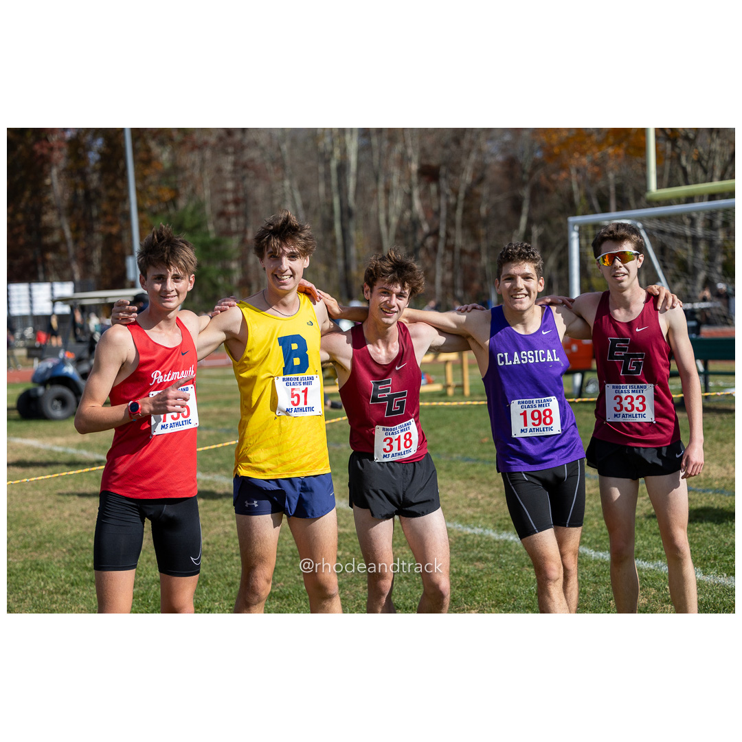 Sean Gray, Portsmouth, Myles Napolitano, Barrington, Luke Allen, East Greenwich, Tal Liebmann, Classical, David Hayes, East Greenwich, at 2024 RIIL Cross Country Class Championships at Ponaganset High School, North Scituate, Rhode Island on October 26, 2024 title=