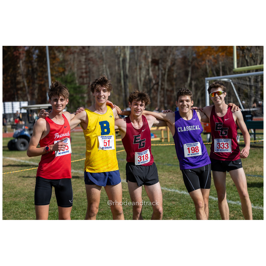 Sean Gray, Portsmouth, Myles Napolitano, Barrington, Luke Allen, East Greenwich, Tal Liebmann, Classical, David Hayes, East Greenwich, at 2024 RIIL Cross Country Class Championships at Ponaganset High School, North Scituate, Rhode Island on October 26, 2024 title=