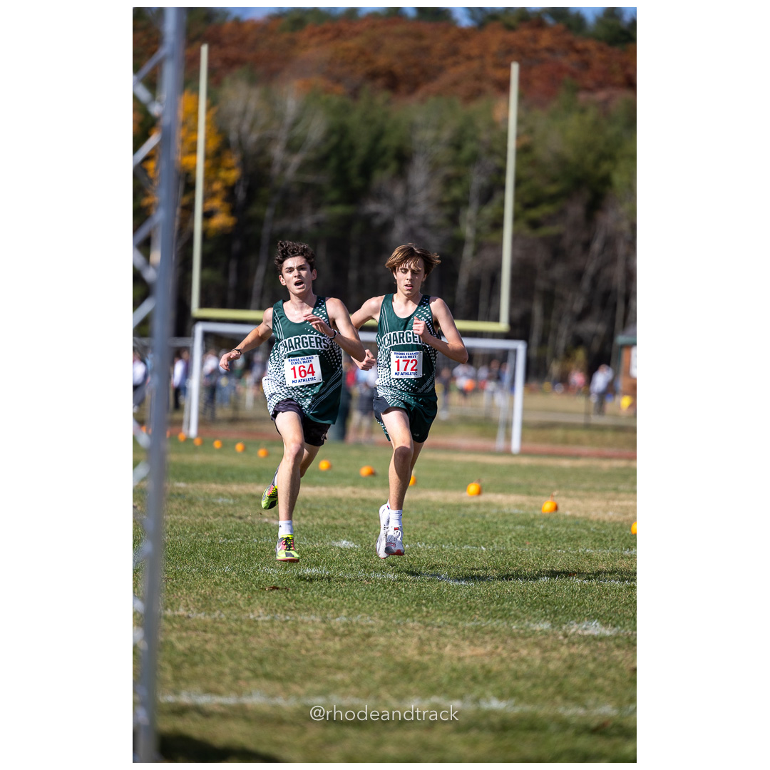 Isaac Graham, Chariho, Ben Steere, Chariho, at 2024 RIIL Cross Country Class Championships at Ponaganset High School, North Scituate, Rhode Island on October 26, 2024 title=