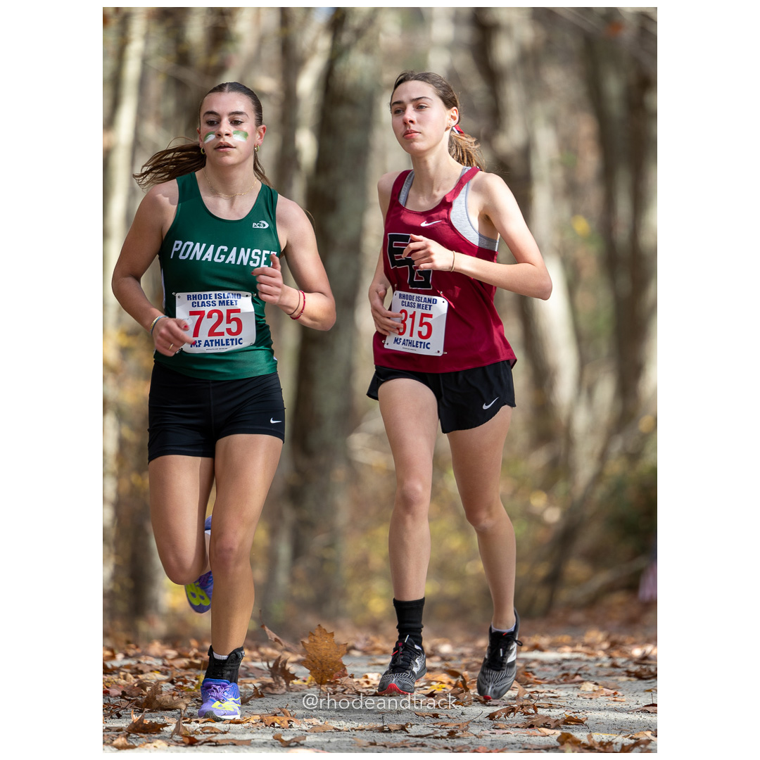 Madison Ourique, Ponaganset, Brea Wood, East Greenwich, at 2024 RIIL Cross Country Class Championships at Ponaganset High School, North Scituate, Rhode Island on October 26, 2024 title=