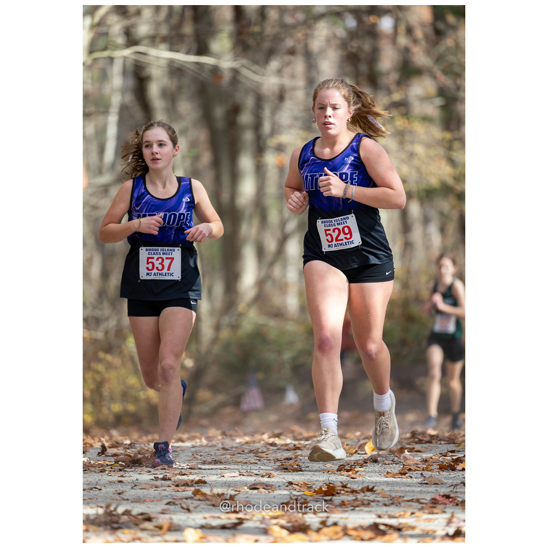 Evelyn Towers, Mount Hope, Lillian DaSilveira, Mount Hope, at 2024 RIIL Cross Country Class Championships at Ponaganset High School, North Scituate, Rhode Island on October 26, 2024 title=