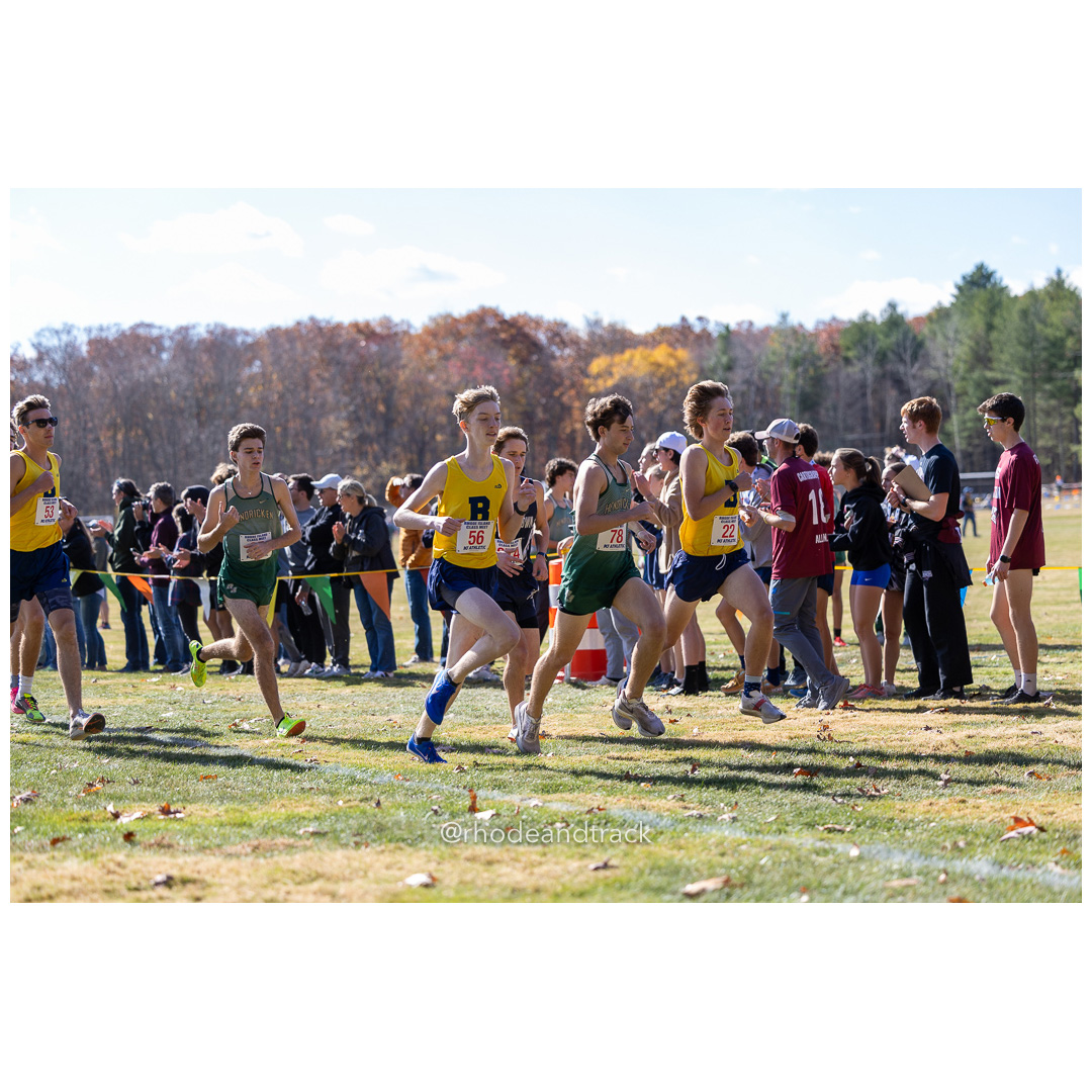 Sam Spencer, Barrington, Evan Presbrey, Hendricken, Sam Bishop, Barrington, at 2024 RIIL Cross Country Class Championships at Ponaganset High School, North Scituate, Rhode Island on October 26, 2024 title=