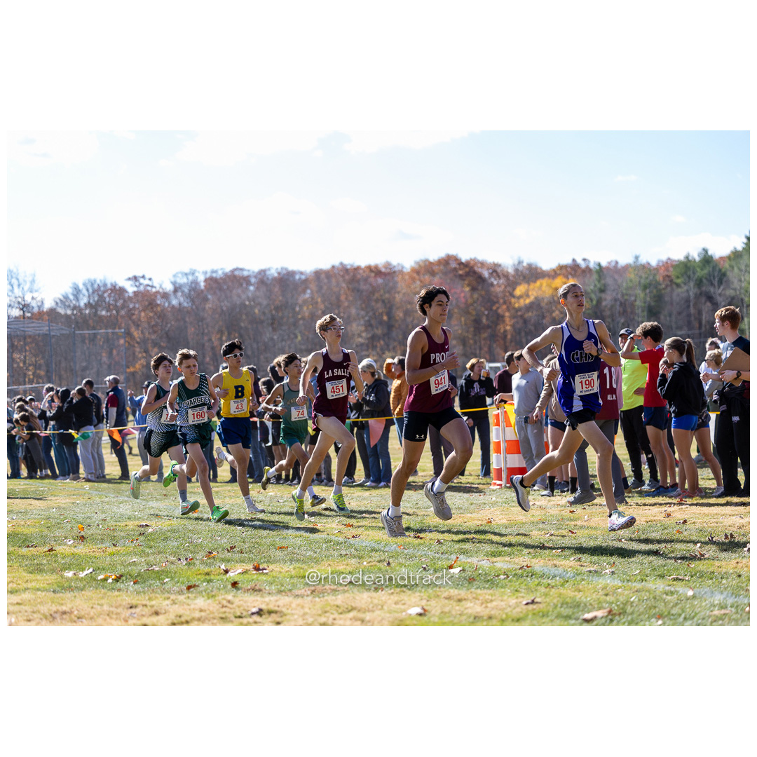 Jackson Lewis, La Salle, Diego Rocchio, Prout, Auden Day McEvoy, Classical, at 2024 RIIL Cross Country Class Championships at Ponaganset High School, North Scituate, Rhode Island on October 26, 2024 title=