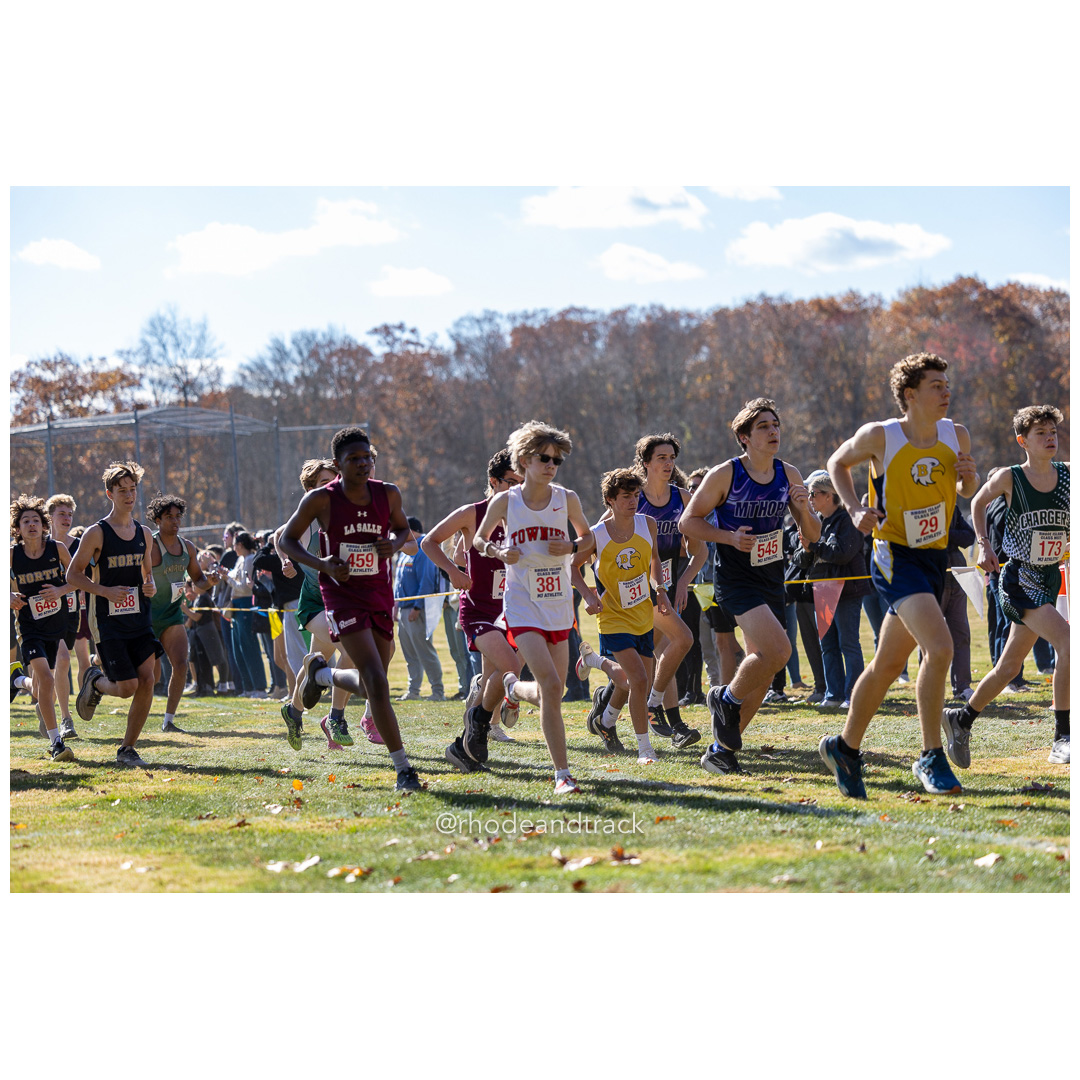 Gaston Preira, La Salle, Ryan Mottur, East Providence, Patrick Coen, Barrington, Evan Frechette, Barrington, Rowan Field, Mount Hope, at 2024 RIIL Cross Country Class Championships at Ponaganset High School, North Scituate, Rhode Island on October 26, 2024 title=