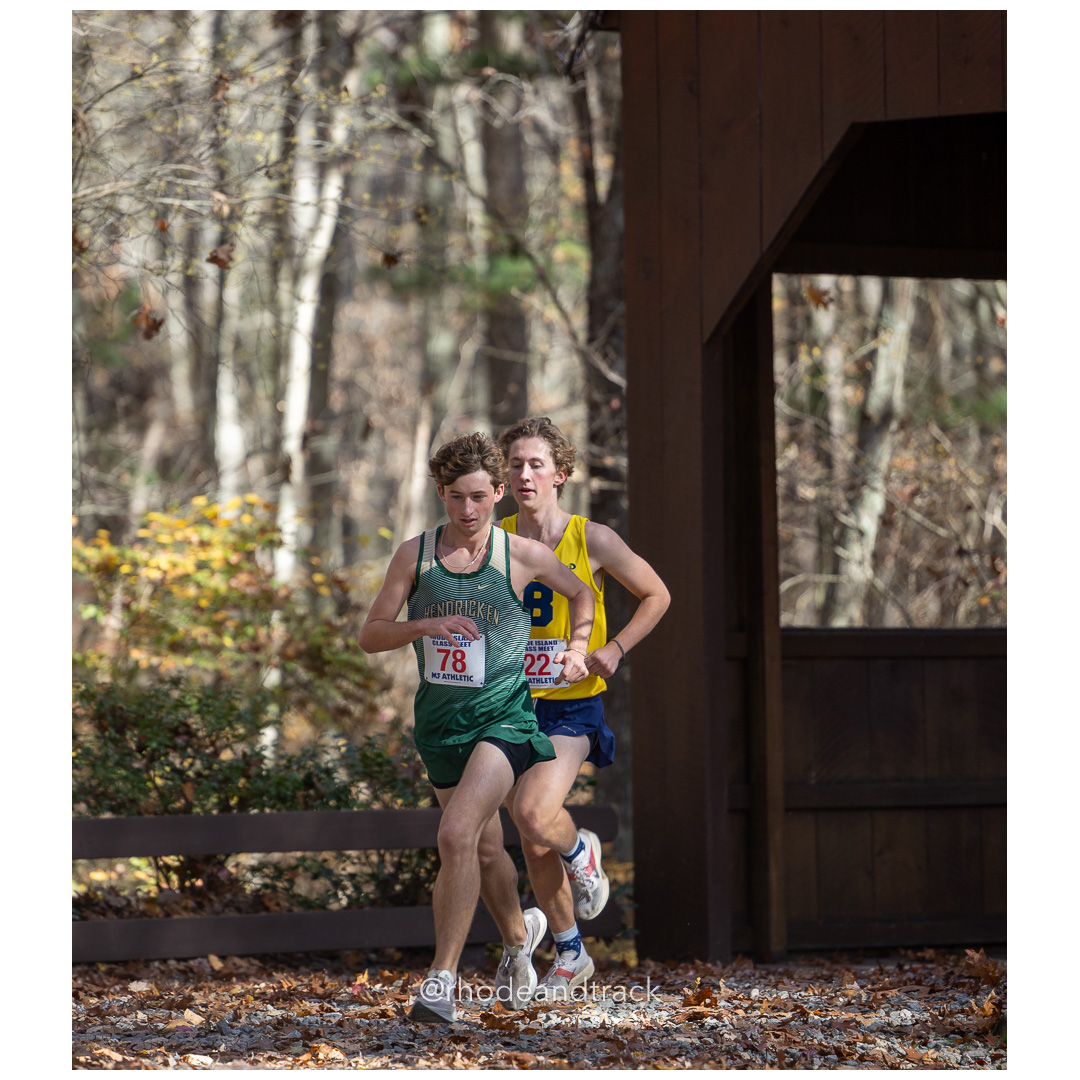 Evan Presbrey, Hendricken, Sam Bishop, Barrington, at 2024 RIIL Cross Country Class Championships at Ponaganset High School, North Scituate, Rhode Island on October 26, 2024 title=