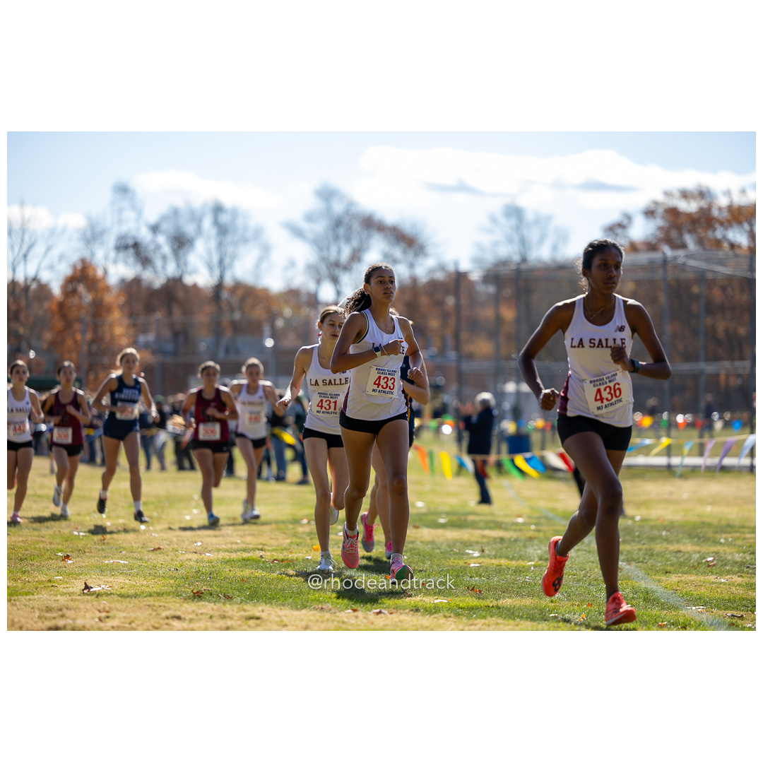 Aleyah Liberato, La Salle, Satyarupaa Mohan, La Salle, Gemma Kent, La Salle, at 2024 RIIL Cross Country Class Championships at Ponaganset High School, North Scituate, Rhode Island on October 26, 2024 title=