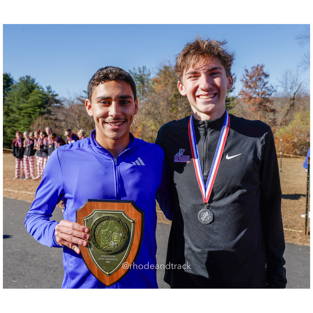 Soheib Dissa, Newtown GR 12 and Marshall Vernon, Lasalle Academy GR 11 at 2024 New England Cross Country Championships at Wickham Park in Manchester CT on November 9, 2024 title=