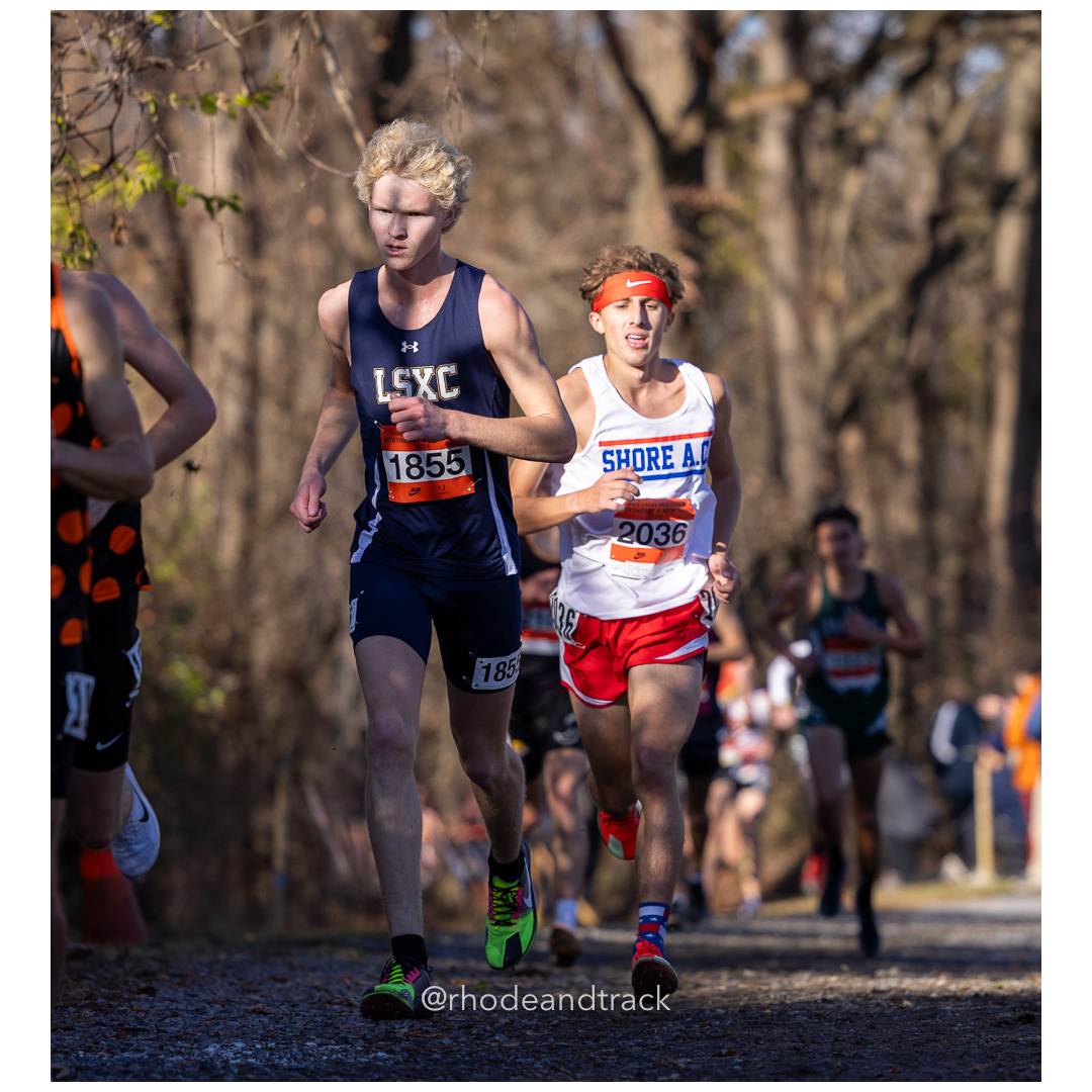 Nolan Yeagle LSXC Club [SR], Clay Stevens Shore AC/Gone Running [JR] 2024 Nike Cross Regional New England and New York Championships at Bow…