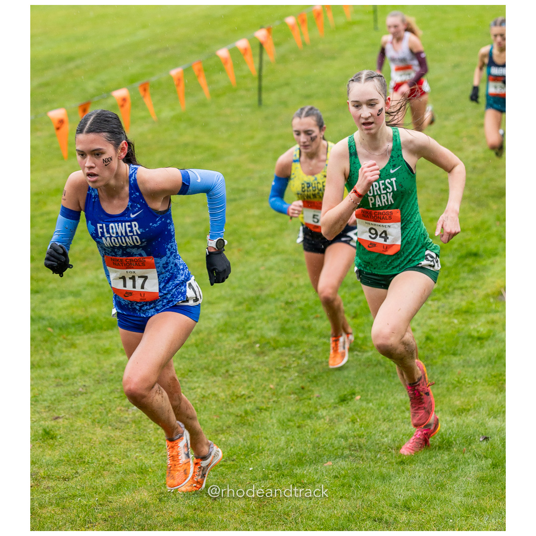 Alex FOX Flower Mound #117 • Yr: SR, Elyse HENRIKSEN Forest Park #94 • Yr: JR - 2024 Nike Cross Country National Championships at Glendovee…