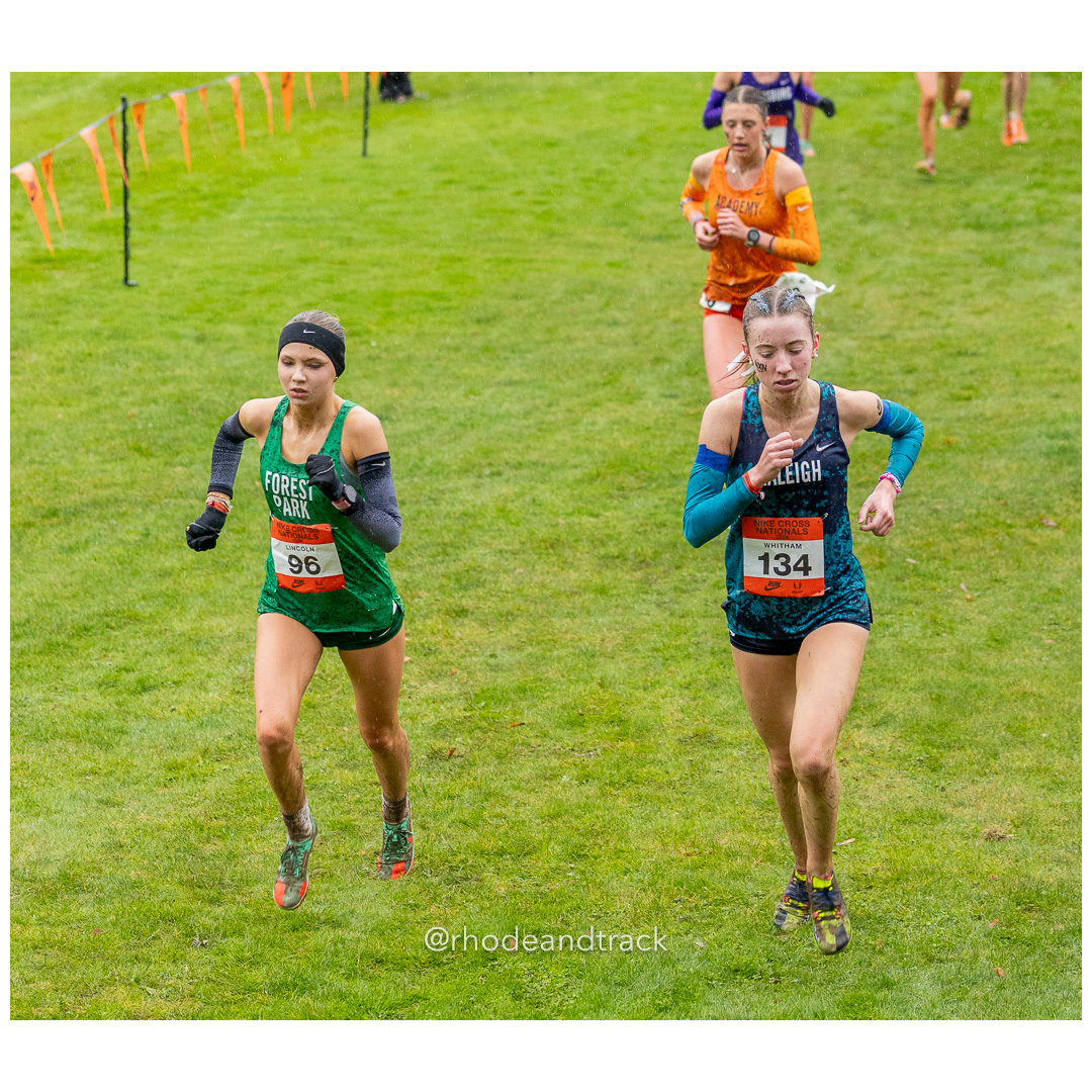 Ellery LINCOLN Forest Park #96 • Yr: SO, Maggie WHITHAM Raleigh #134 • Yr: JR - 2024 Nike Cross Country National Championships at Glendovee…