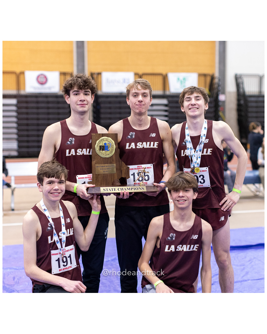 L to R from back - Seamus O'Brien, Tristan McDonough, Marshall Vernon, Will Souza, Jackson Lewis - La Salle Academy - Team Champions - RI 2025 Indoor Track and Field State Championships - PCTA - Providence RI - February 15 2025 File: ./dir-1-Boys-State-Championship/250215-track-indoor-2025-ri-state-championship-pcta-696-_U1A1914.jpg L to R from back - Seamus O'Brien, Tristan McDonough, Marshall Vernon, Will Souza, Jackson Lewis - La Salle Academy - Team Champions - RI 2…