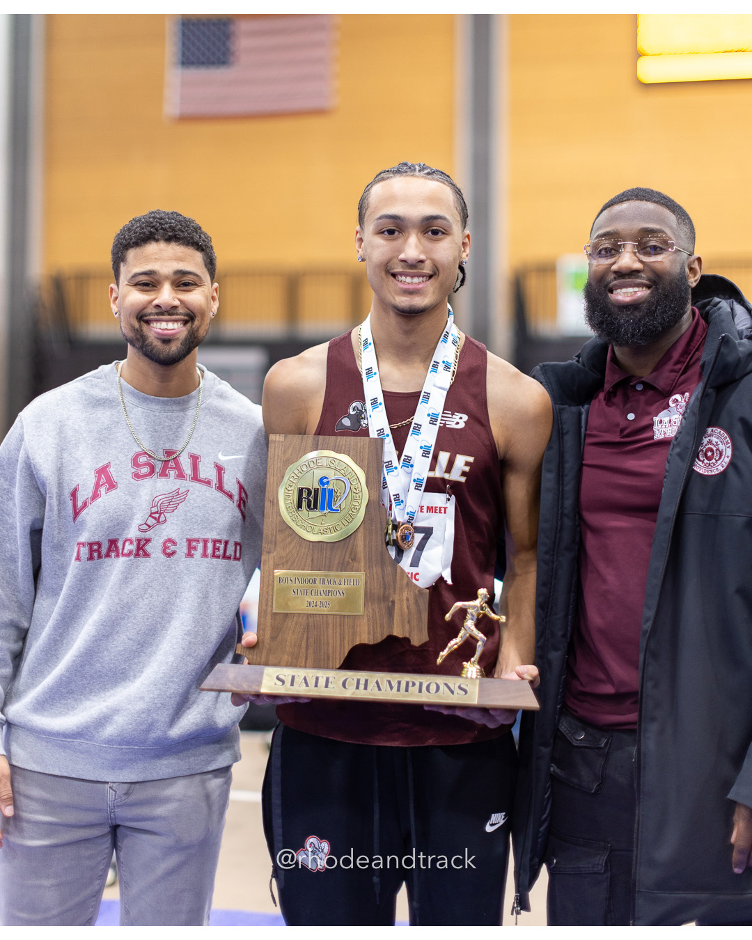 Coach Eldon Santiago, Antonio Beardon, Coach Al Kamara - La Salle Academy - Team Champions - RI 2025 Indoor Track and Field State Championships - PCTA - Providence RI - February 15 2025 File: ./dir-1-Boys-State-Championship/250215-track-indoor-2025-ri-state-championship-pcta-702-_U1A2139.jpg Coach Eldon Santiago, Antonio Beardon, Coach Al Kamara - La Salle Academy - Team Champions - RI 2025 Indoor Track and Field State Champions…