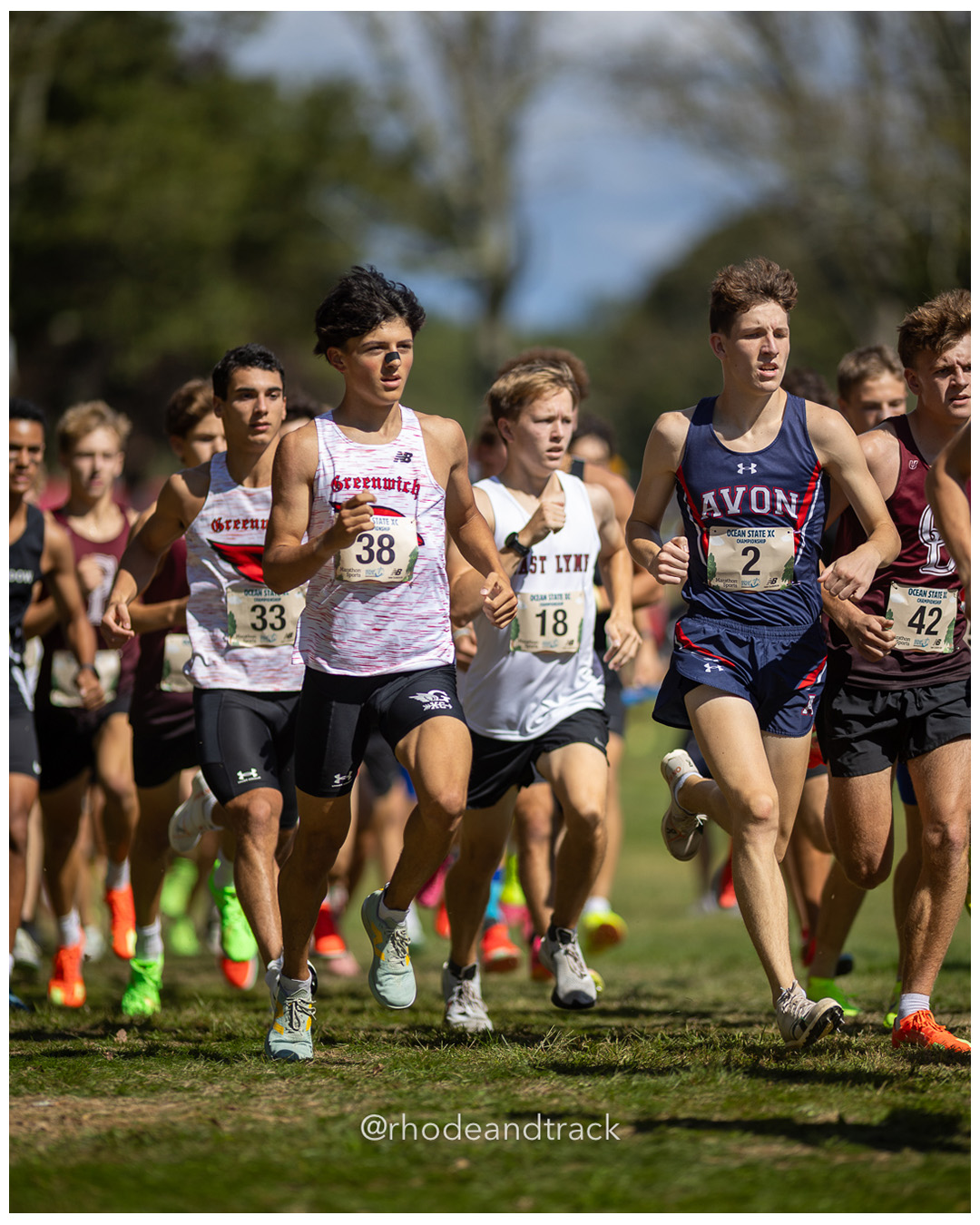 Ryan Newcomb – Greenwich High School - Jack Faitsch – East Lyme High School - Brahm Bulow – Avon High School - Greyson Duane – Groton Dunstable Regional High S - 2025 RI Ocean State XC Invitational - Goddard Memorial Park - Warwick, RI - September 27 2025 File: ./250927-2025-ocean-state-xc-invitational-warwick-ri-386-062A2943.jpg Ryan Newcomb – Greenwich High School - Jack Faitsch – East Lyme High School - Brahm Bulow – Avon High School - Greyson Duane – Groton Dunst…