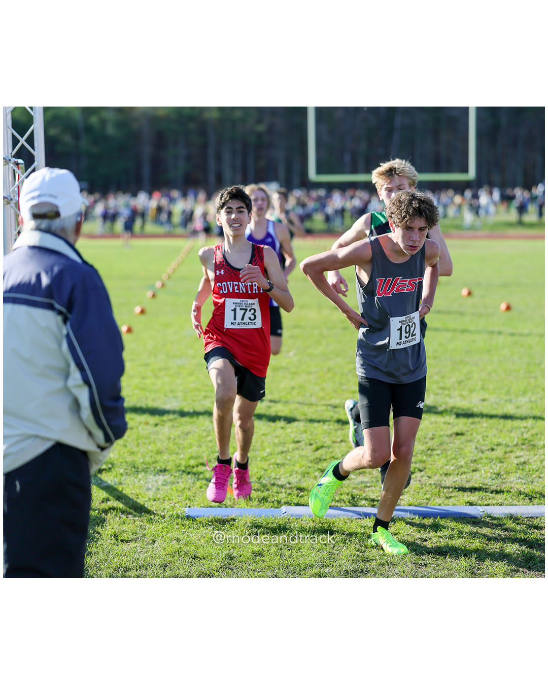 Aidan Alves, Coventry High School, 19:00.21, 103 - Anthony Renzulli, Cranston West HS, 18:59.76, 102 - RI Cross Country State Championship - Ponaganset High School - North Scituate, RI - November 1, 2025 File: ./dir-2-Boys-Championship/251101-2025-RI-Cross-Country-State-Championships-Ponaganset-664-296A9466.jpg Aidan Alves, Coventry High School, 19:00.21, 103 - Anthony Renzulli, Cranston West HS, 18:59.76, 102 - RI Cross Country State Championship…
