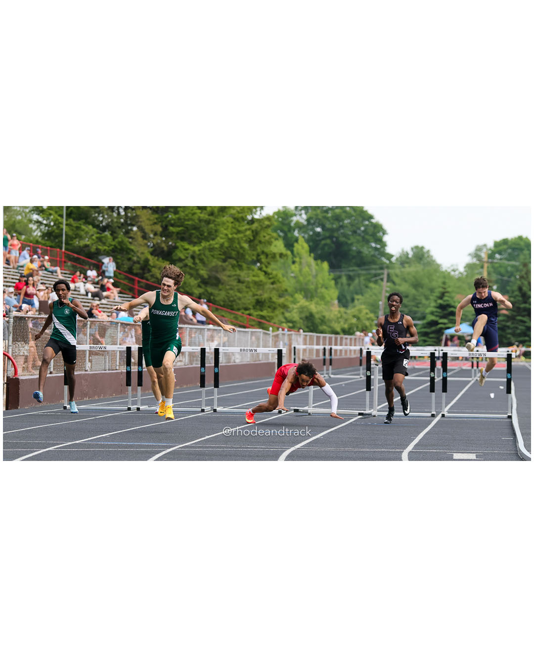 Paxton Allen, Ponaganset High School, 12 - Araoluwa Adetunji, East Greenwich High School, 11 - Daniel Perez, Cranston East High School, 12 - Ryan McEntee, Ponaganset High School, 12 - Holden Lambert, Lincoln High School, 12 - Isaac Rodriguez, East Providence High School, 11 - 2026 RI Outdoor Track and Field State Championships - Brown Stadium - Providence, Rhode Island - June 06, 2026 File: ./dir-300-Hurdles/260606-2026-RI-Outdoor-Track-And-Field-State-Championships-Brown-634-296A7130.jpg Paxton Allen, Ponaganset High School, 12 - Araoluwa Adetunji, East Greenwich High School, 11 - Daniel Perez, Cranston East High School, 12…