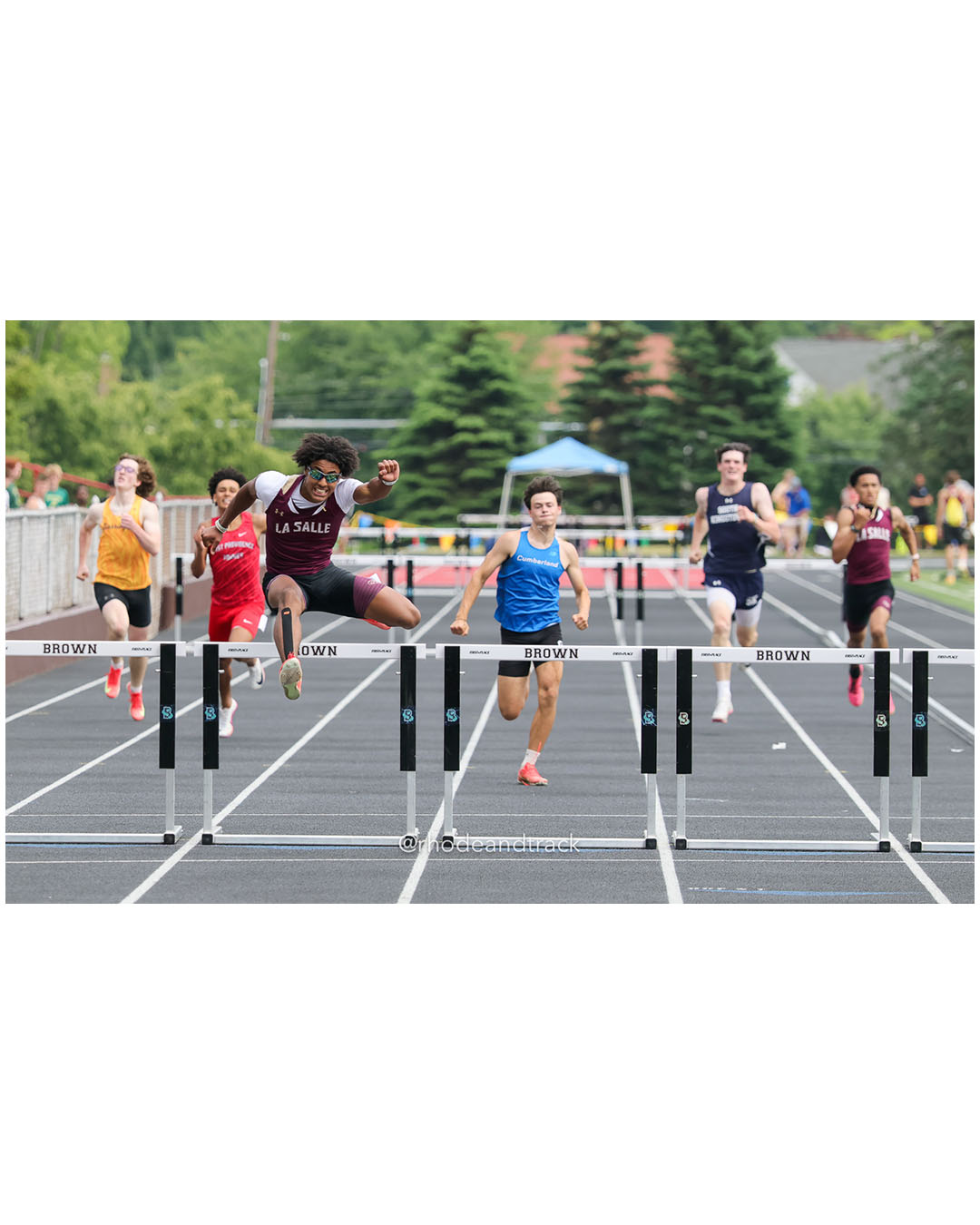 Grady Hazlett, Barrington High School, 12 - Julian Monteiro, East Providence High School, 12 - Jalen Moseley, La Salle Academy, 11 - Matt Fontaine, Cumberland, 12 - Kai Sorlien, South Kingstown High School, 12 - Antonio Bearden, La Salle Academy, 12 - 2026 RI Outdoor Track and Field State Championships - Brown Stadium - Providence, Rhode Island - June 06, 2026 File: ./dir-300-Hurdles/260606-2026-RI-Outdoor-Track-And-Field-State-Championships-Brown-636-296A7291.jpg Grady Hazlett, Barrington High School, 12 - Julian Monteiro, East Providence High School, 12 - Jalen Moseley, La Salle Academy, 11 - Matt F…