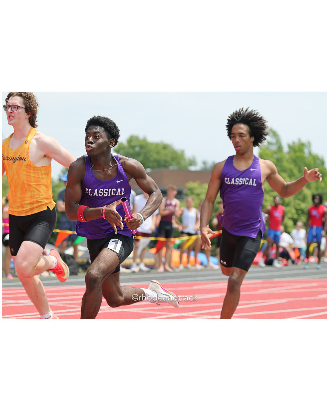 Classical High School, Classical High School - Barrington High School, Barrington High School - 2026 RI Outdoor Track and Field Championships - Brown Stadium - Providence, Rhode Island - June 06, 2026 File: ./dir-4x100/260606-2026-RI-Outdoor-Track-And-Field-State-Championships-Brown-380-296A6313.jpg Classical High School, Classical High School - Barrington High School, Barrington High School - 2026 RI Outdoor Track and Field Championshi…