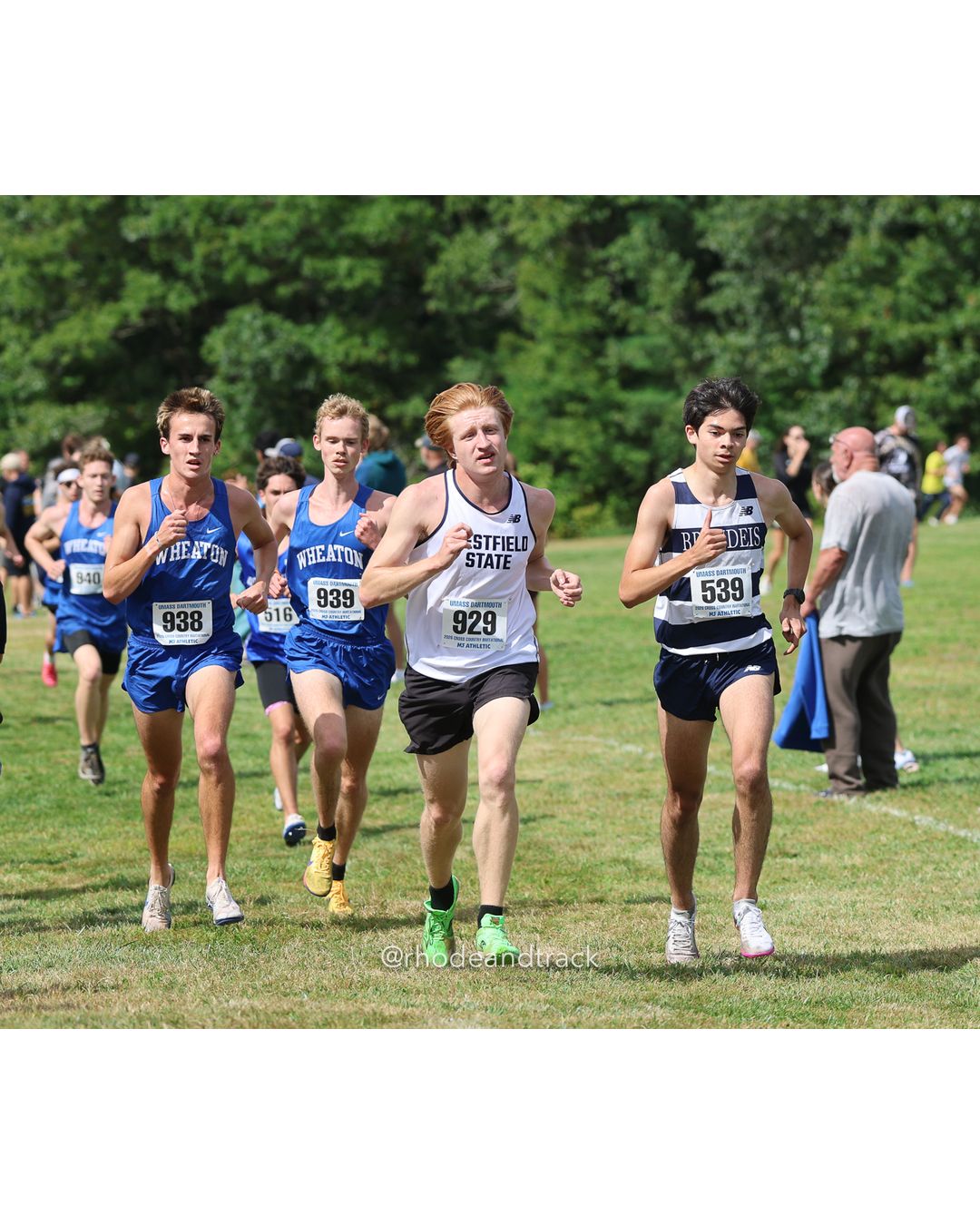#929 Tyler Meunier, Westfield State, 8k Run - Men (Gold-35:cap), P168, 28:18.06; #539 Aidan Shames, Brandeis, 8k Run - Men (Gold-35:cap), P159, 28:06.16; #938 Jack Kittredge, Wheaton (Mass.), 8k Run - Men (Gold-35:cap), P141, 27:40.46 - 2026 UMass Dartmouth XC Invitational - UMass Dartmouth - Dartmouth, Massachusetts - September 19, 2026 File: ./260919-2026-UMass-Dartmouth-XC-Invitational-102-398A5463.jpg #929 Tyler Meunier, Westfield State, 8k Run - Men (Gold-35:cap), P168, 28:18.06; #539 Aidan Shames, Brandeis, 8k Run - Men (Gold-35:cap), P…
