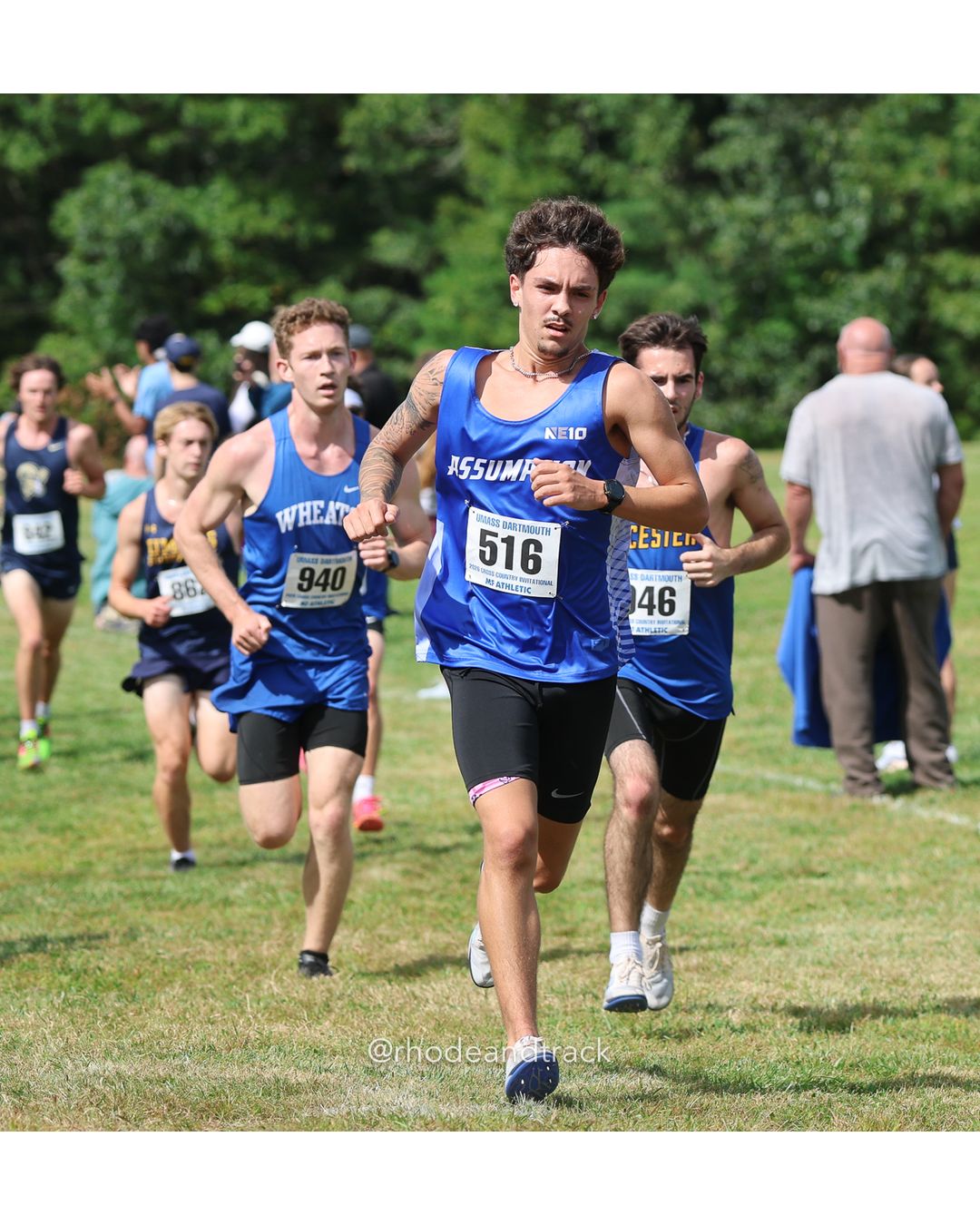 #516 Joseph McFarland, Assumption, 8k Run - Men (Gold-35:cap), P164, 28:11.64; #46 Olivia Bellefeuille, Bristol CC, 6k Run - Women (Navy-45:cap), P171, 33:55.41; #940 Finn Morris, Wheaton (Mass.), 8k Run - Men (Gold-35:cap), P160, 28:06.34 - 2026 UMass Dartmouth XC Invitational - UMass Dartmouth - Dartmouth, Massachusetts - September 19, 2026 File: ./260919-2026-UMass-Dartmouth-XC-Invitational-104-398A5505.jpg #516 Joseph McFarland, Assumption, 8k Run - Men (Gold-35:cap), P164, 28:11.64; #46 Olivia Bellefeuille, Bristol CC, 6k Run - Women (Navy-45…