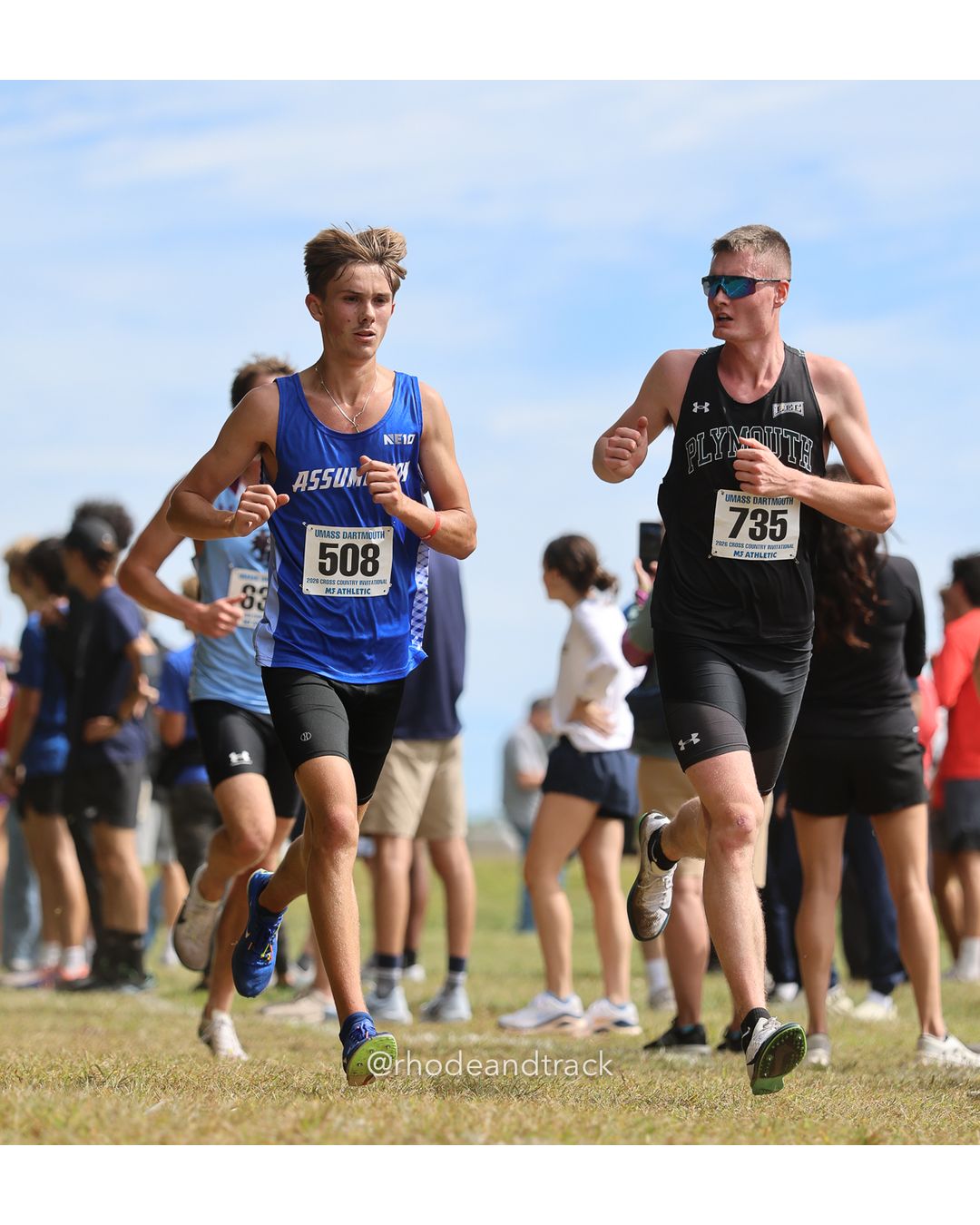 #508 Owen Davis, Assumption, 8k Run - Men (Gold-35:cap), P108, 26:55.37; #735 Cooper O'Neil, Plymouth State, 8k Run - Men (Gold-35:cap), P131, 27:23.94 - 2026 UMass Dartmouth XC Invitational - UMass Dartmouth - Dartmouth, Massachusetts - September 19, 2026 File: ./260919-2026-UMass-Dartmouth-XC-Invitational-315-398A9351.jpg #508 Owen Davis, Assumption, 8k Run - Men (Gold-35:cap), P108, 26:55.37; #735 Cooper O'Neil, Plymouth State, 8k Run - Men (Gold-35:cap), P1…