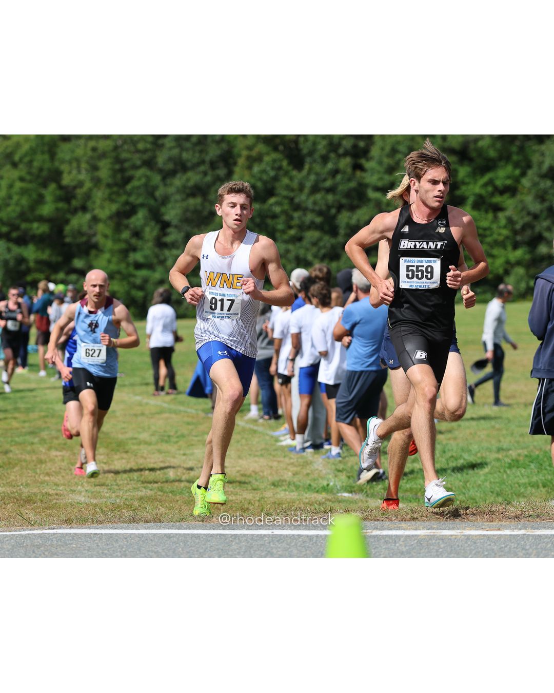#559 Jack Hill, Bryant, 8k Run - Men (Gold-35:cap), P88, 26:35.71; #917 Nicholas Smith, Western NE, 8k Run - Men (Gold-35:cap), P105, 26:53.11; #627 Declan Morgan, Franklin Pierce, 8k Run - Men (Gold-35:cap), P98, 26:45.80 - 2026 UMass Dartmouth XC Invitational - UMass Dartmouth - Dartmouth, Massachusetts - September 19, 2026 File: ./260919-2026-UMass-Dartmouth-XC-Invitational-84-398A5081.jpg #559 Jack Hill, Bryant, 8k Run - Men (Gold-35:cap), P88, 26:35.71; #917 Nicholas Smith, Western NE, 8k Run - Men (Gold-35:cap), P105, 26:53…