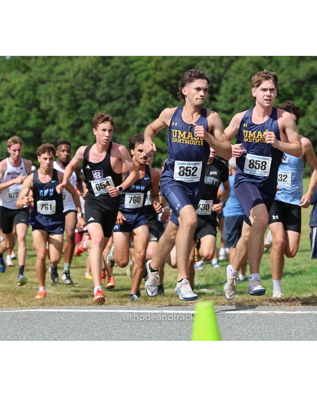 #858 Stephen MacLennan, UMass Dartmouth, 8k Run - Men (Gold-35:cap), P87, 26:34.92; #654 Declan Lyons, Holy Cross, 8k Run - Men (Gold-35:cap), P80, 26:26.13; #852 James Carriere, UMass Dartmouth, 8k Run - Men (Gold-35:cap), P126, 27:18.71 - 2026 UMass Dartmouth XC Invitational - UMass Dartmouth - Dartmouth, Massachusetts - September 19, 2026 File: ./260919-2026-UMass-Dartmouth-XC-Invitational-90-398A5205.jpg #858 Stephen MacLennan, UMass Dartmouth, 8k Run - Men (Gold-35:cap), P87, 26:34.92; #654 Declan Lyons, Holy Cross, 8k Run - Men (Gold-35:ca…