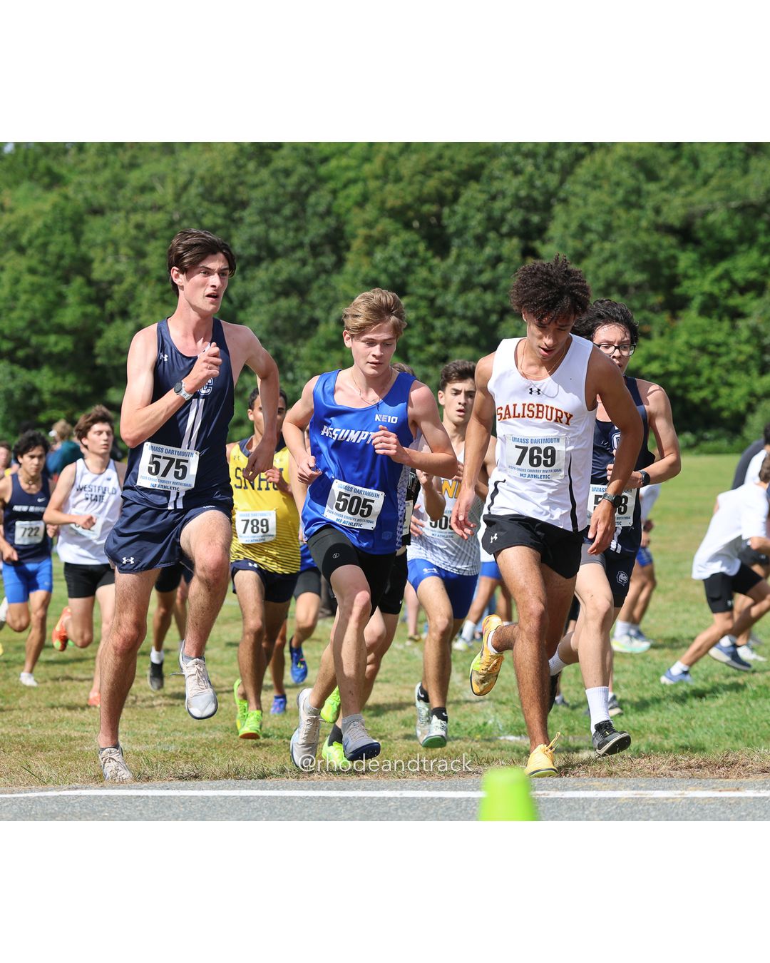 #505 Austin Cipriano, Assumption, 8k Run - Men (Gold-35:cap), P136, 27:35.15; #575 John DiSturco, Connecticut College, 8k Run - Men (Gold-35:cap), P78, 26:22.44; #769 Aidan Foster, Salisbury, 8k Run - Men (Gold-35:cap), P0, - 2026 UMass Dartmouth XC Invitational - UMass Dartmouth - Dartmouth, Massachusetts - September 19, 2026 File: ./260919-2026-UMass-Dartmouth-XC-Invitational-96-398A5308.jpg #505 Austin Cipriano, Assumption, 8k Run - Men (Gold-35:cap), P136, 27:35.15; #575 John DiSturco, Connecticut College, 8k Run - Men (Gold-3…